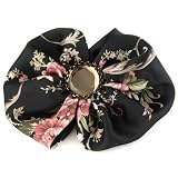 Black & Pink Rose - Silky Soft Ruched Bow - Champagne Crystal Cut Jewel - Chain Link Accent - Buckle Clip - Hair Barrette