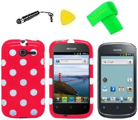 Heavy Duty Hybrid Phone Cover Case Cell Phone Accessory + Extreme Band + Stylus Pen + LCD Screen Protector + Yellow Pry Tool For Straight Talk Net10 Huawei Ascend Y M866 H866C / Huawei Ascend Y 201 U8666 (Polka Red Dot)