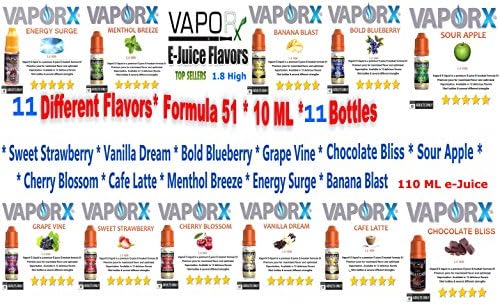 VaporX (11 Bottles) 1.8 High 110 ML Sweet Strawberry Vanilla Dream Bold Blueberry Grape Vine Cherry Blossom Cafe Latte Menthol Breeze Energy Surge Banana Blast Sour Apple Chocolate Bliss