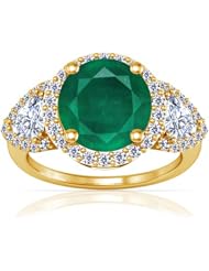 18K Yellow Gold Round Cut Emerald Ring With Sidestones