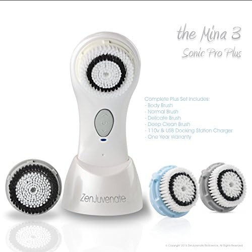 Mina 3 PLUS Sonic Skin Cleansing Brush System, Micro Dermabrasion 1 Year Warranty, Power Electric Rechargeable Facial Brush Facial Cleaning System by Zenjuvenate