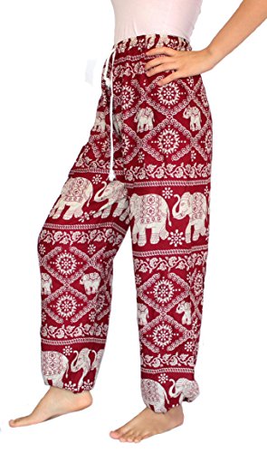 Banjamath? Women's Smocked Waist Harem Hippie Boho Yoga Palazzo Casual Pants Red with drawstring waist One Size