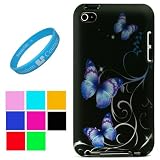 Durable Two Piece Front and Back Protective Hard Shell Crystal Cover Case for Apple iPod Touch 4th Generation (8GB 16GB 32GB) iPod Touch 4 Latest Gen + SumacLife TM Wisdom Courage Wristband (Blue Butterfly)