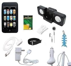 10 items Accessory Bundle Combo for Apple Ipod Touch 2nd Generation and 3rd Generation 8GB 16GB 32GB: Black Silicone Skin Case Cover, USB 2in1 Data Sync Cable, Car Charger, Wall / Travel / AC Adapter Charger, 3.5mm Stereo Headset, Belt Clip, Armband, Black Portable Foldable Speaker Dock, LCD Screen Protector and Light Blue Fishbond Style Keychain