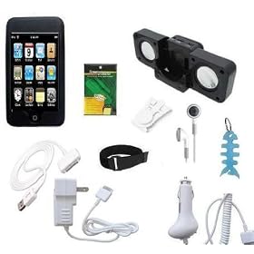 10 items Accessory Bundle Combo for Apple Ipod Touch 2nd Generation and 3rd Generation 8GB 16GB 32GB: Black Silicone Skin Case Cover, USB 2in1 Data Sync Cable, Car Charger, Wall / Travel / AC Adapter Charger, 3.5mm Stereo Headset, Belt Clip, Armband, Black Portable Foldable Speaker Dock, LCD Screen Protector and Light Blue Fishbond Style Keychain