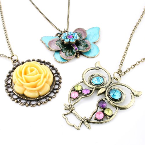 JewelrieShop Vintage Retro Colorful Crystal Owl Pendant Long Chain Necklace with Antiqued Bronze Finish