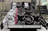 Twiggy Modern Pink White Black Big Floral Comforter Set Twin