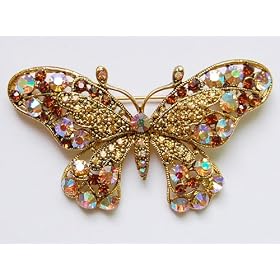 Elegant Gold-Tone Topaz Rhinestone Butterfly Brooch Pin