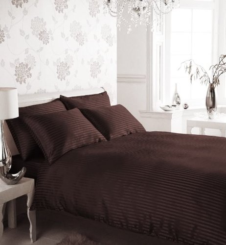 King Satin Stripe Plain Dyed Duvet Quilt Cover Bedding Set, CHOCOLATE