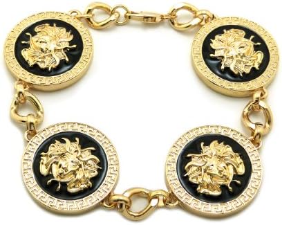 9" Long 4 Snake Head Medusa Medal Link Bracelet - Black/Gold-Tone