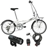 DAHONライセンス yeah(ヤー) 20インチ6段折畳自転車 YR-206 ホワイト / LED5連ライト / コイルタイプワイヤー錠 ブラック 3点セット