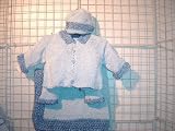 Knitted on Hand Knitting Machine Light Blue Chenille Finished By Hand Crochet with Denim Collar Infant Boys Cardigan Pant Hat Set and Large 32 Inch By 46 Inch Matching Gita Blanket