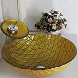 Tophome 洗面ボール 手洗い器おしゃれ　洗面台彩色上絵 手洗い器 手洗器 洗面ボウルガラス 蛇口セット強化ガラス製　排水金具付 蛇口付き　金色　網柄