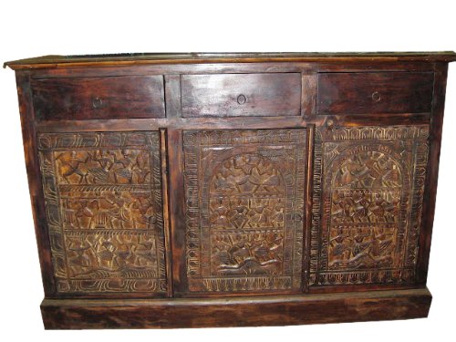 Antique Tribal Carving Sideboard Chest with Drawers India Furniture 59x39x20