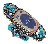 Michal Negrin Art Deco Style Adjustable Ring Enriched with Roses and Hebrew Letters Cameo, Surrounded by Hand Painted Flowers, Fancy Ornaments, Turquoise and Blue Swarovski Crystals