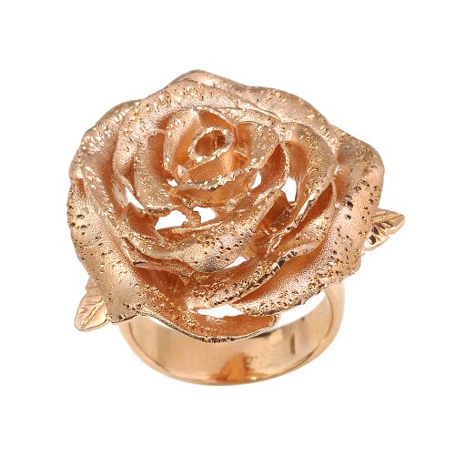 Italian Sterling Silver Fancy Rose Gold Plated Flower Ring, Size 6