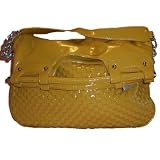Woven Front Faux Patent Leather Handbag with Chain Detail Handle