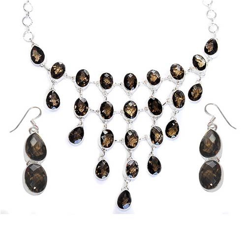 Teen Girls Gifts Silver SmokyQuartz Necklace and Earrings (gnklcs370)