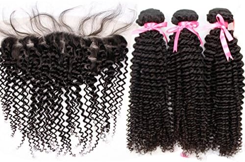 Hermay Hair Brazilian Kinky Curly Virgin Hair Lace Frontal Closure With 3 Bundles,Brazilian Curly Human Hair Weave,Natural Color (12"14"16"Wefts+10"Frontal)