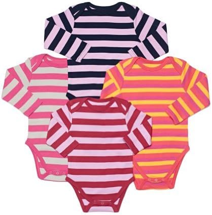 Leveret Long Sleeve 4-pack Striped Girls Bodysuit 100% Cotton (Size 0-24 Months) (18-24 Months, Multi)