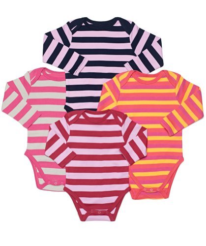 Leveret Long Sleeve 4-pack Striped Girls Bodysuit 100% Cotton (Size 0-24 Months) (18-24 Months, Multi)