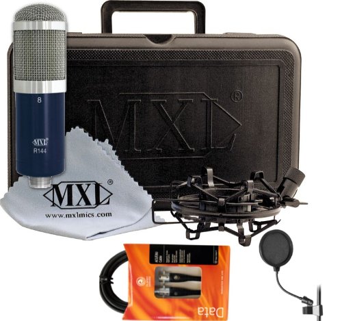 MXL R144 Recording Studio Ribbon Microphone w/Planet Waves 10' Microphone Cable and Pop Filter