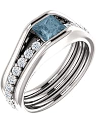 14K White Gold Princess Cut Blue and White Diamond Ring -- LIFETIME WARRANTY