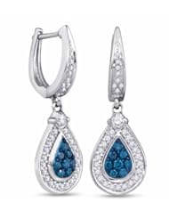 10K White Gold Round Brilliant Cut Blue and White Diamond - Pear Shape Huggies Channel Set Dangle Earrings - (.53 cttw.)