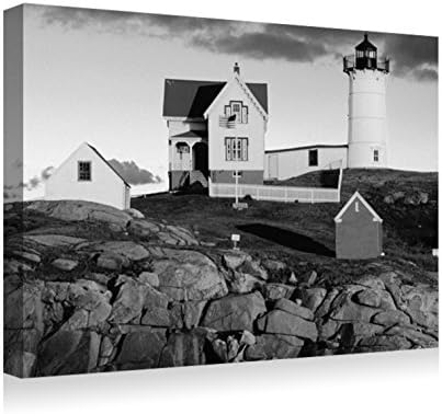 cape neddick nubble lighthouse york hh maine- Canvas Prints Wall Art - Wood Board Background Stretched Canvas Wrap Ready to Hang for Home and Office Decoration - 20"x 14" Black and white