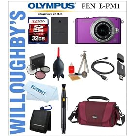 Olympus PEN Mini E-PM1 12.3 MP CMOS Sensor Micro Four Thirds Interchangeable Lens Digital Camera with 14-42mm II Lens (Purple) + LEXSpeed 32GB SDHC Memory Card + Extra PS-BLS1 Battery + Deluxe Digital SLR Camera Bag + 3pc 37mm Multi-Coated Essential Filter Kit