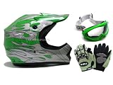 TMS Youth Green Silver Flame Dirt Bike ATV Motocross Helmet with Goggles and Gloves (Medium)