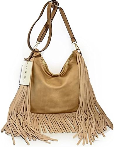New ANTIK KRAFT Leather Fringe Crossbody Hobo with Adjustable Strap- Taupe