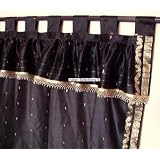 2 Black Sari Drapes, Panels, Curtains - Tab Tops with attached beaded valance Curtain... by 