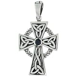 Sterling Silver Trinity Celtic High Cross Pendant w/ Single Black CZ, w/ 18" Thin Box Chain