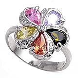 Sterling Silver Ring - Flower with Pear-Shaped Multicolor CZ (Prong Set) - 16mm x 3mm - Sizes 5-9