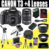 511%2BDjbuYRL. SL160  Top 10 Digital SLR Camera Bundles for February 12th 2012   Featuring : #4: Canon EOS Rebel T3i 18 MP CMOS Digital SLR Camera and DIGIC 4 Imaging with EF S 18 55mm f/3.5 5.6 IS Lens & Canon 55 250IS Lens + 58mm 2x Telephoto lens + 58mm Wide Angle Lens (4 Lens Kit!!!!!!) W/32GB SDHC Memory+ Battery Grip + 2 Extra Batteries + Charger + 3 Piece Filter Kit + UV Filter + Full Size Tripod + Case +Accessory Kit