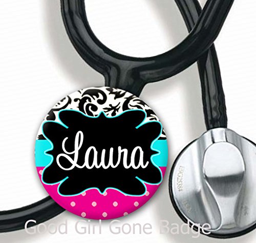Stethoscope Tag - Damask Polka Dot Blue and Pink - Personalized Name - Steth ID Tag