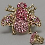 DR - Bee Rhinestone Ring, Stretchable, Bug - Insect, Pink Color