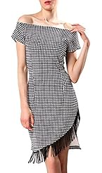 Wrap Slit Short Flared-Skirt Houndstooth Print Polyester Off the Shoulder  Dress