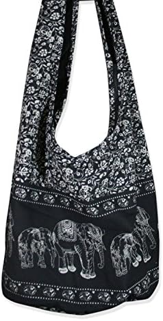Hippie Elephant Sling Crossbody Bag Shoulder Bag Purse Thai Top Zip Handmade New Color Black
