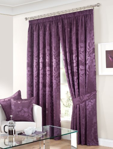 Creative Interiors Bali Floral Lined Ready Made Jacquard Curtains 66" x 72" (168cm x 183cm) in Aubergine with Pencil Pleat Tape Top