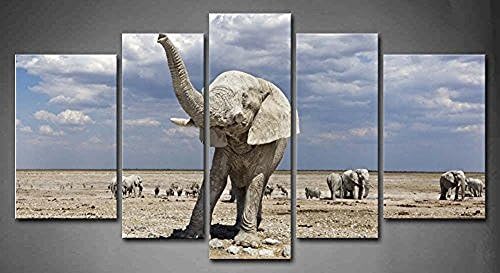 Flora Woods Painting 5 Panels Elephant Namibia The Grey Elephant Raises His Trunk At The Water Hole Painting Picture Print On Canvas Animal Pictures