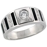 Sterling Silver Men's Striped Solitaire Ring Band w/ Brilliant Cut CZ Stones, 3/8 in. (9mm) wide