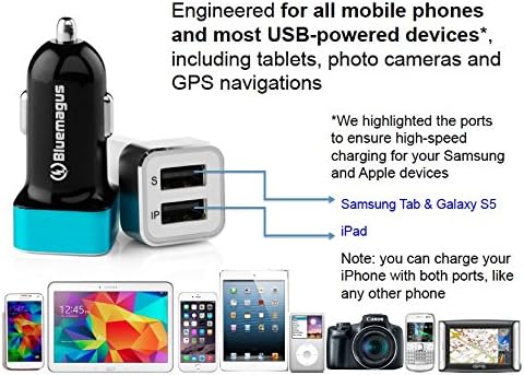[UNIVERSAL] USB Car Charger 4.8A/24W for Apple, Samsung, Android & Any Mobile Device - 2 Smart Ports, LED Illuminated & Rapid Charging - Get Your Fast Portable Adapter by Bluemagus Now! - BLACK&SILVER