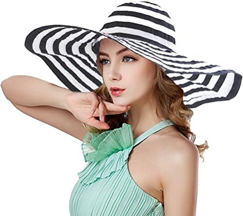Mod Tree Women's Stripes Cotton Large Brim Sand Beach Visor Sun Hat (black)