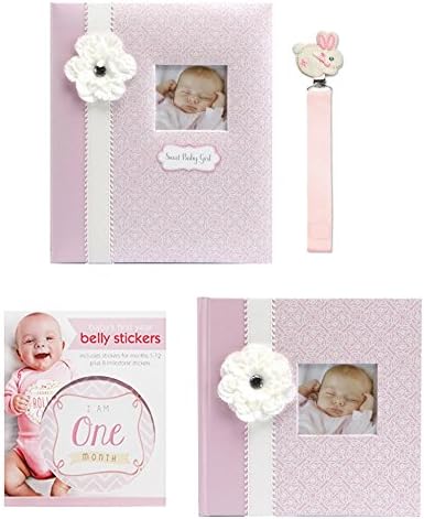 New C.R. Gibson Bella Baby Memory Book Bundle For Infant Girl ~ Photo Journal Album ~ Belly Sticker Monthly Stages + Bunny Pacifier Clip