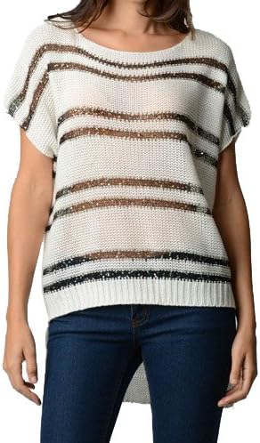 Women's Sequin Double Stripe Knit High Low Top Black