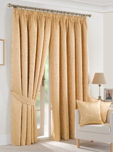 Creative Interiors Cushion Cover to Match Willow Lined Ready Made Jacquard Curtains in Gold with a Pencil Pleat Tape Top