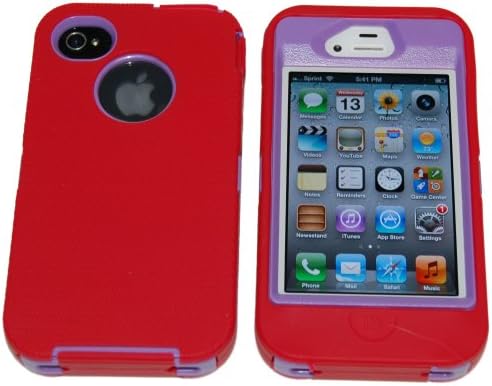 Iphone 4 4S Three Layer Case Red and Purple - Comparable to Otterbox Defender + 1 Cool Colors USB charger cord for iphone & Silicon Braclet