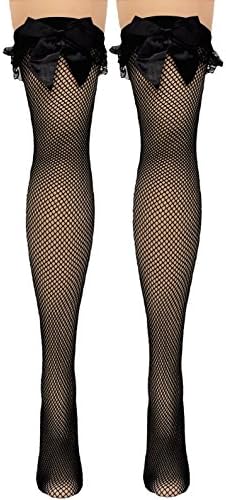 Vanea Women's Fishnet Thigh High With Sheer Ruffle Lace And Satin Bow Top